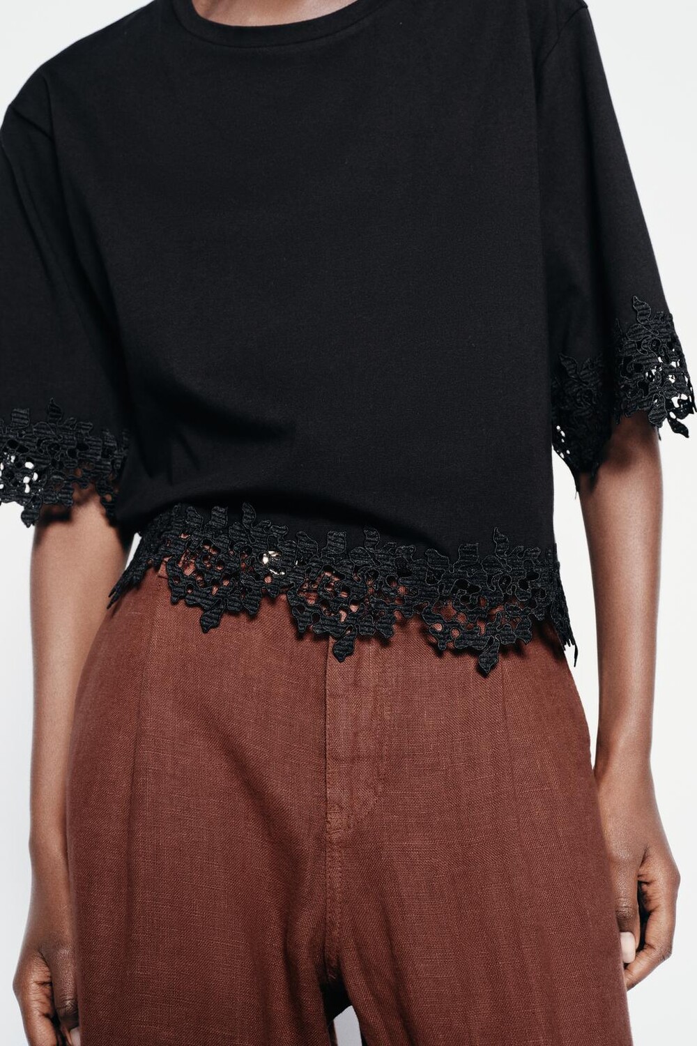 

Футболка из кружевного хлопка ZARA, черный