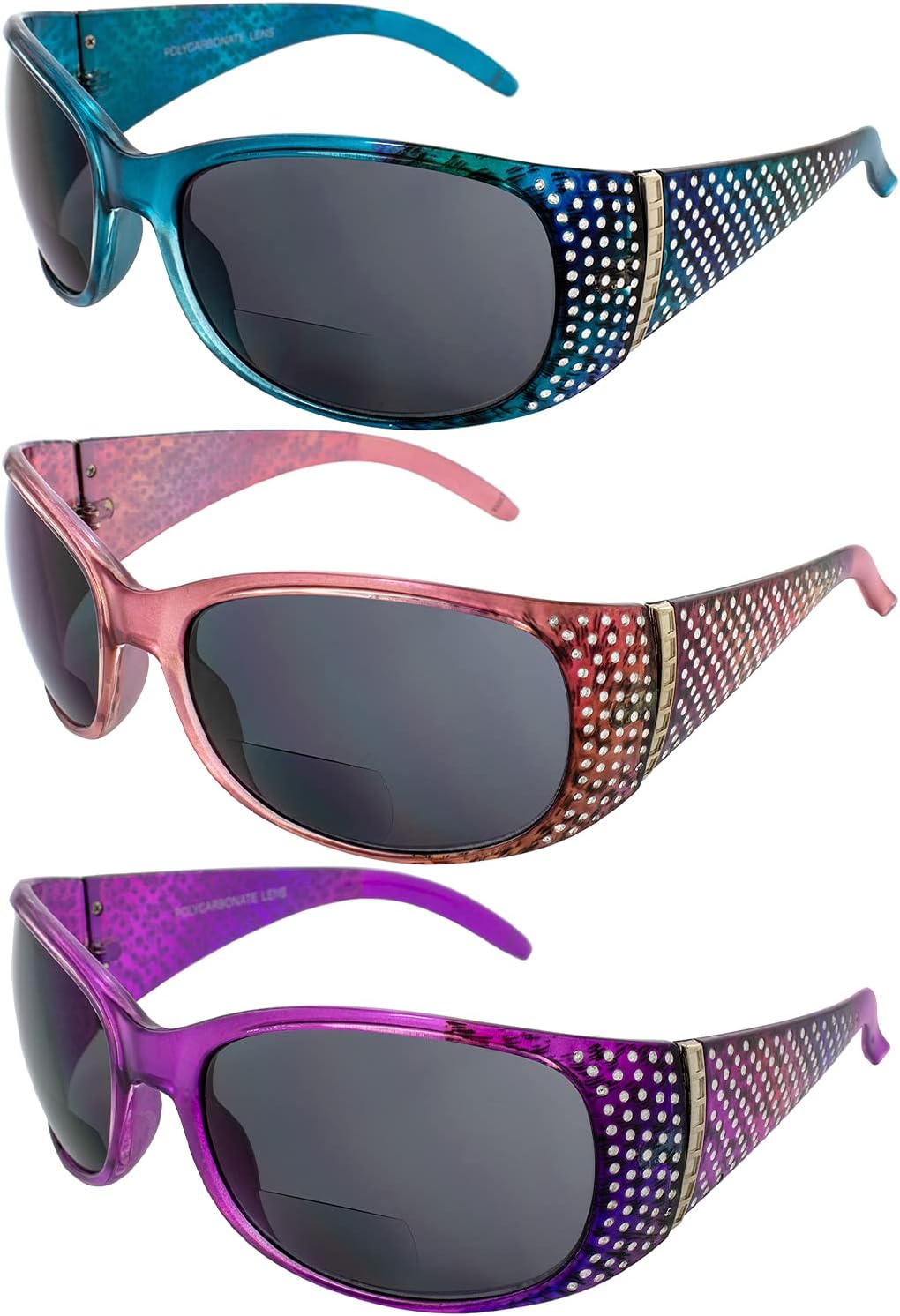 

Комплект из 3 женских модных мотоциклетных солнцезащитных очков Global Vision Galaxy с бифокальными линзами, оправа синего, розового и лавандового цвета, увеличение 3.0, дымчатые линзы, Smoke