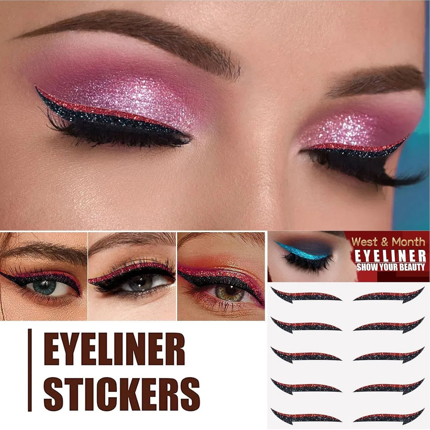 Подводка для глаз Glitter Eyeliner Sticker, 5 пар, оранжево-красный, бренд Generic — фото 2