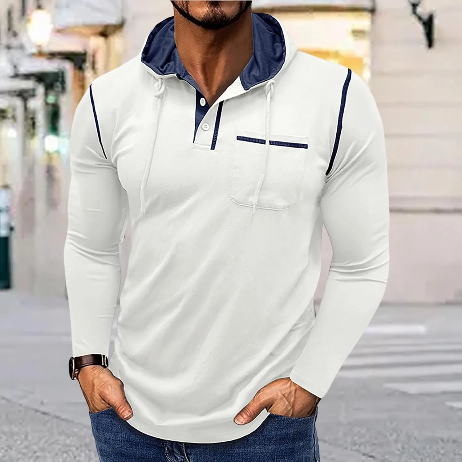 Худи с длинным рукавом для мужчин, Color Block Athletic, спортивная повседневная футболка-пуловер, модная одежда - для хайкинга Generic, белый — фото 2