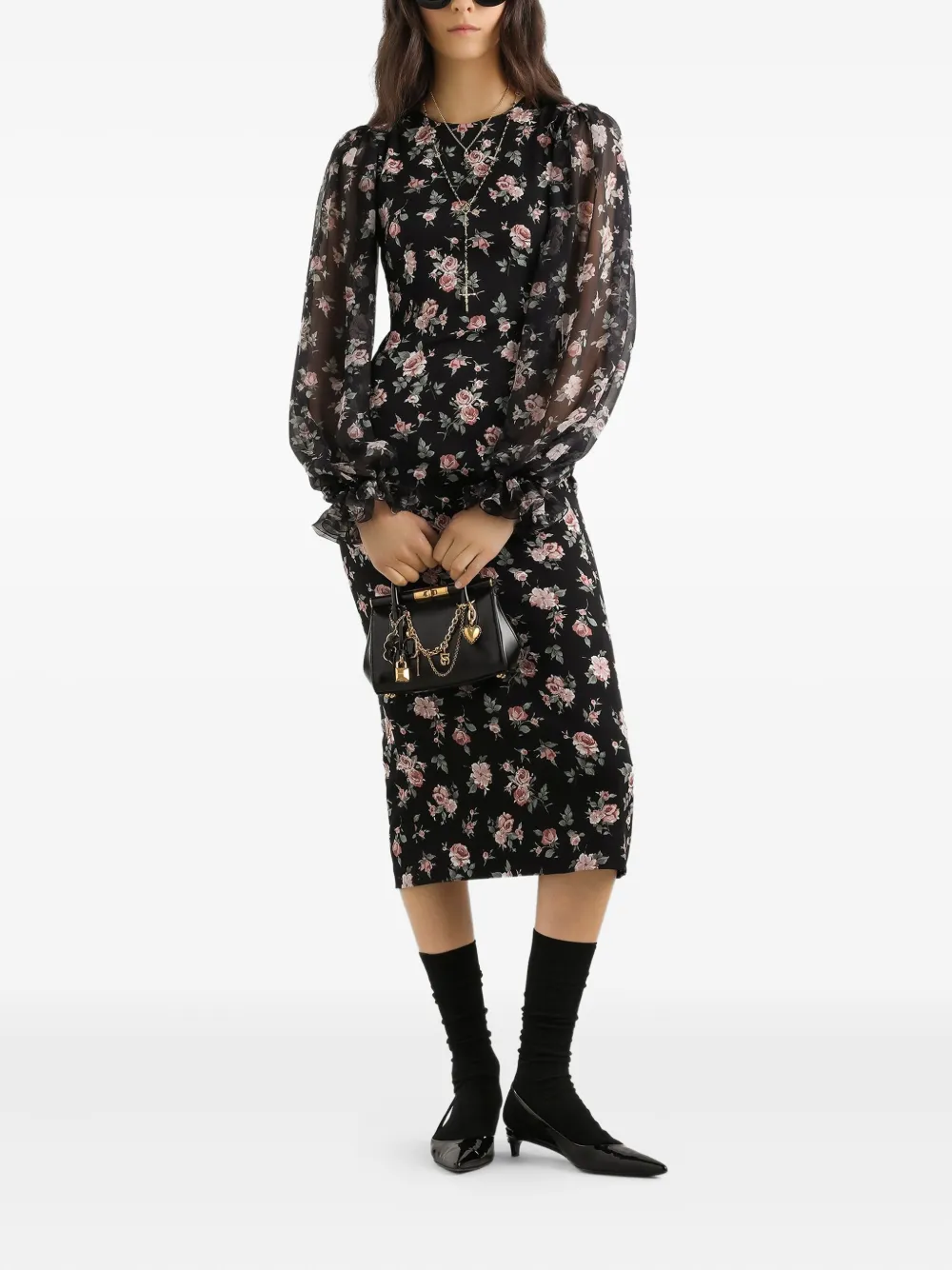 Платье миди с объемными рукавами и цветочным принтом Dolce & Gabbana, черный — фото 2