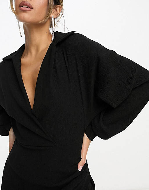 Черное фактурное платье миди с запахом и воротником ASOS DESIGN — фото 4