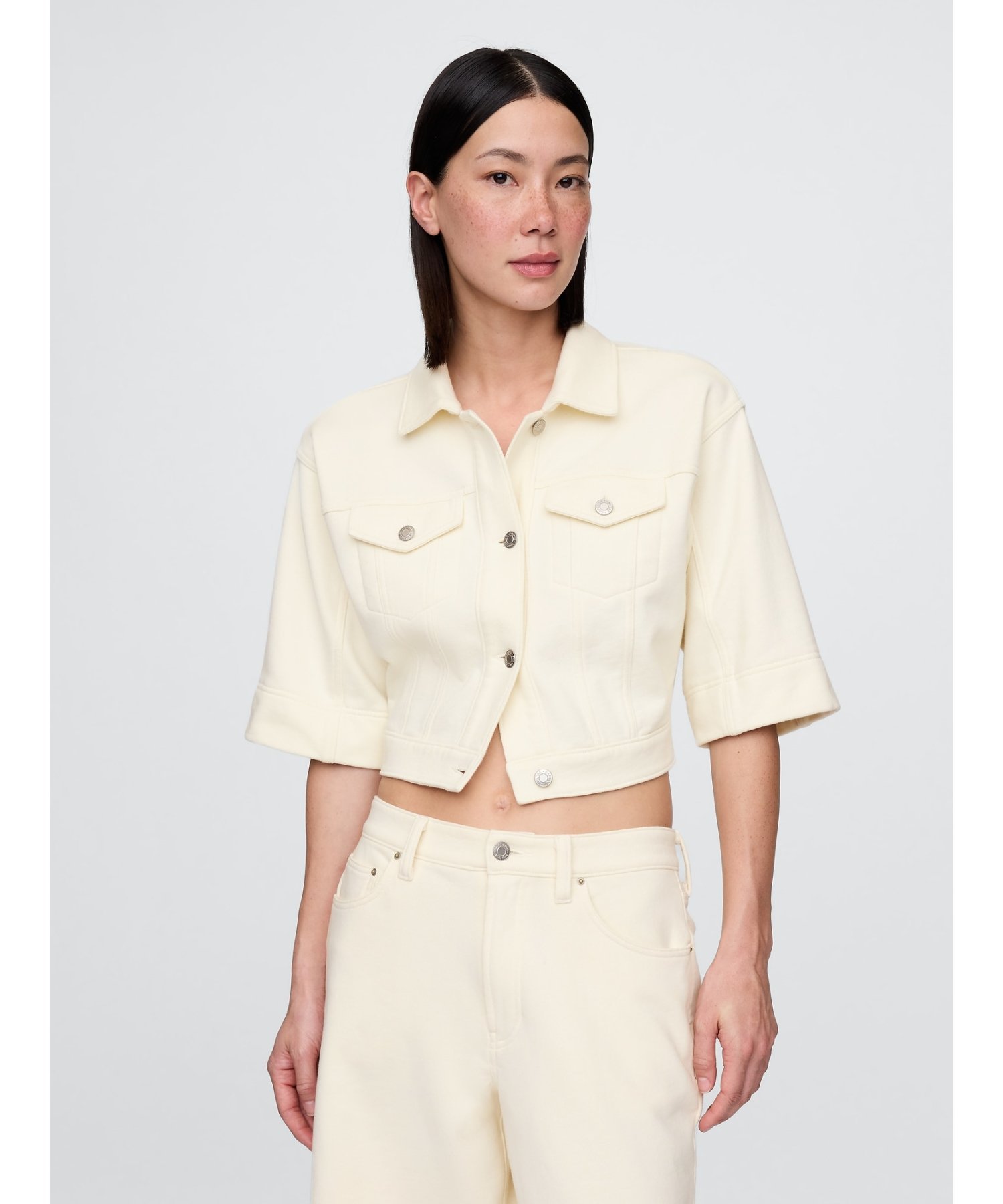 (W) Укороченная джинсовая куртка из плотной французской махровой ткани GAP, WHITE_SAIL