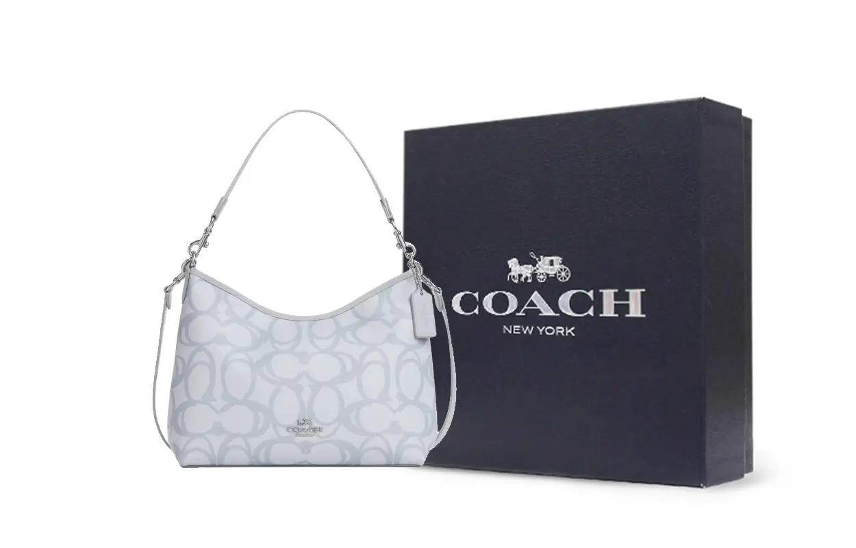 

COACH Сумка через плечо из лакированного холста большая женская серебристая и ледяная голубая
