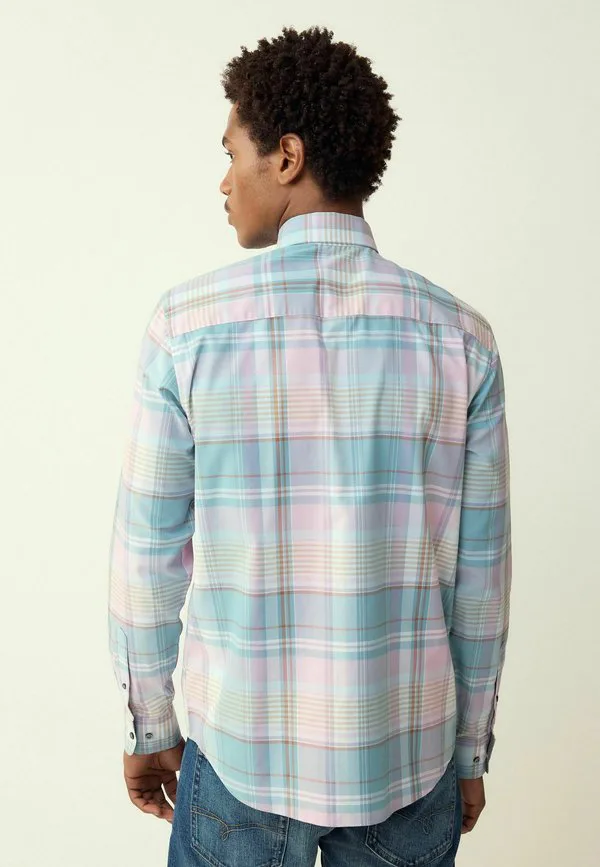 Рубашка-Оксфорд с пуговицами, легко гладится утюгом. Next, Teal Blue Pink Madras Check — фото 2