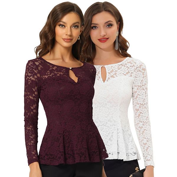 

2 упаковки женских кружевных топов с вырезом спереди и кокеткой Inspire Chic, White Purplish Red