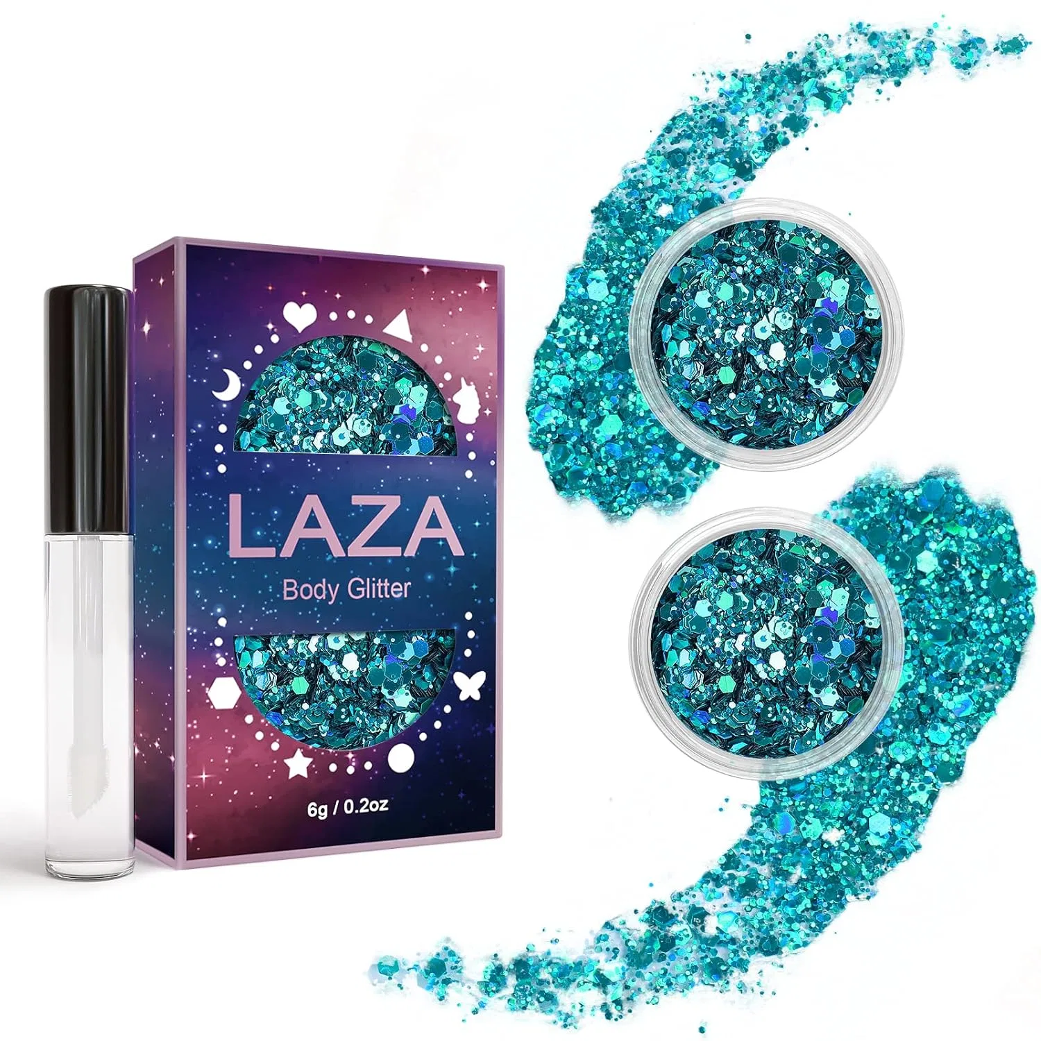 Набор голографических блесток для тела с клеем от Laza Laza, Cyan Blue