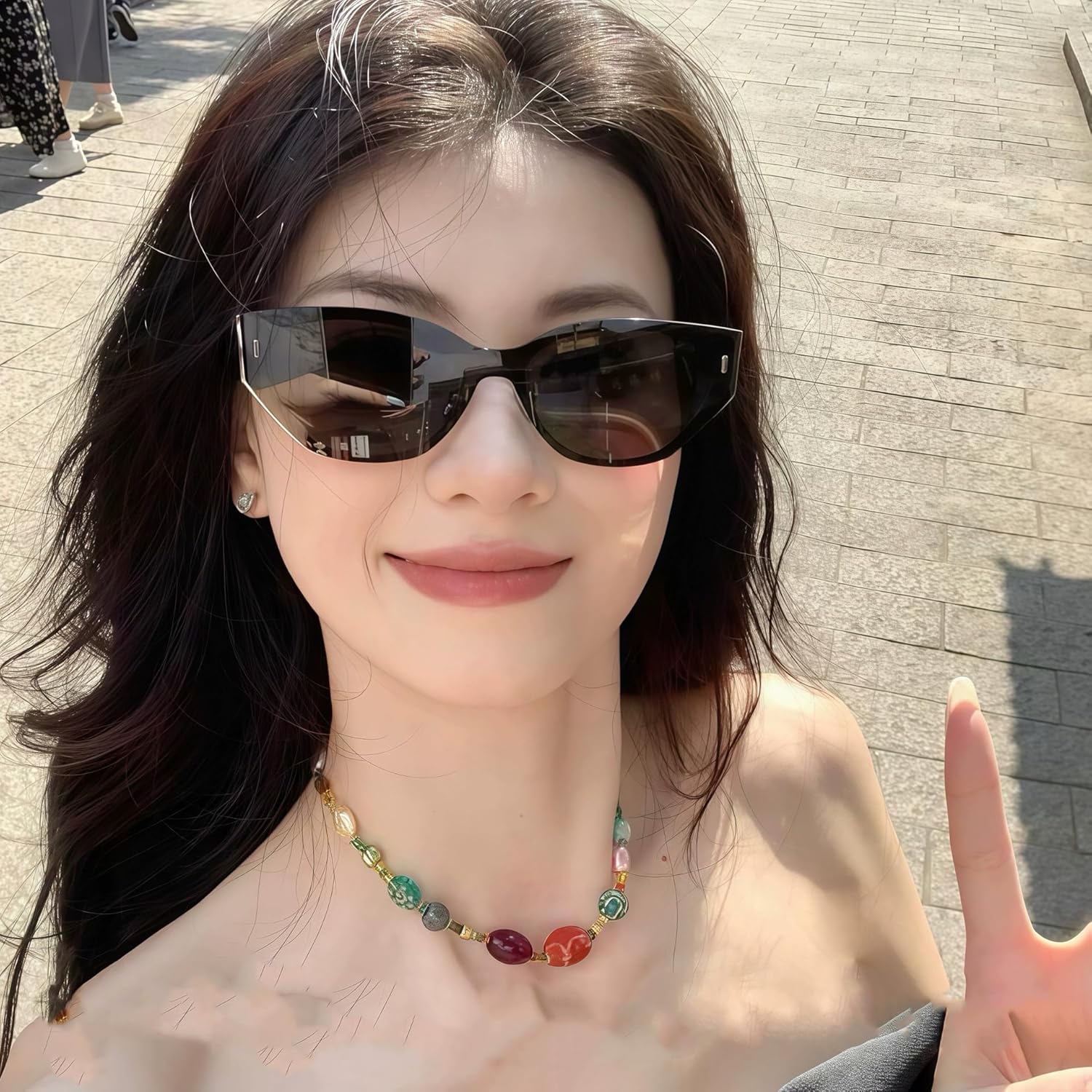 

bullabulling Модные солнцезащитные очки «кошачий глаз» без оправы для женщин, ретро-панк, солнцезащитные очки «кошачий глаз», цельные женские солнцезащитные очки, Green