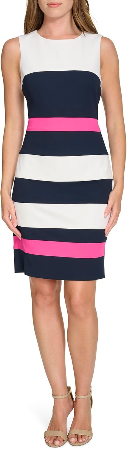 

Женское мини-платье-футляр без рукавов Tommy Hilfiger из крепа-скуба в полоску, Ivory/Sky Captain/Hot Pink