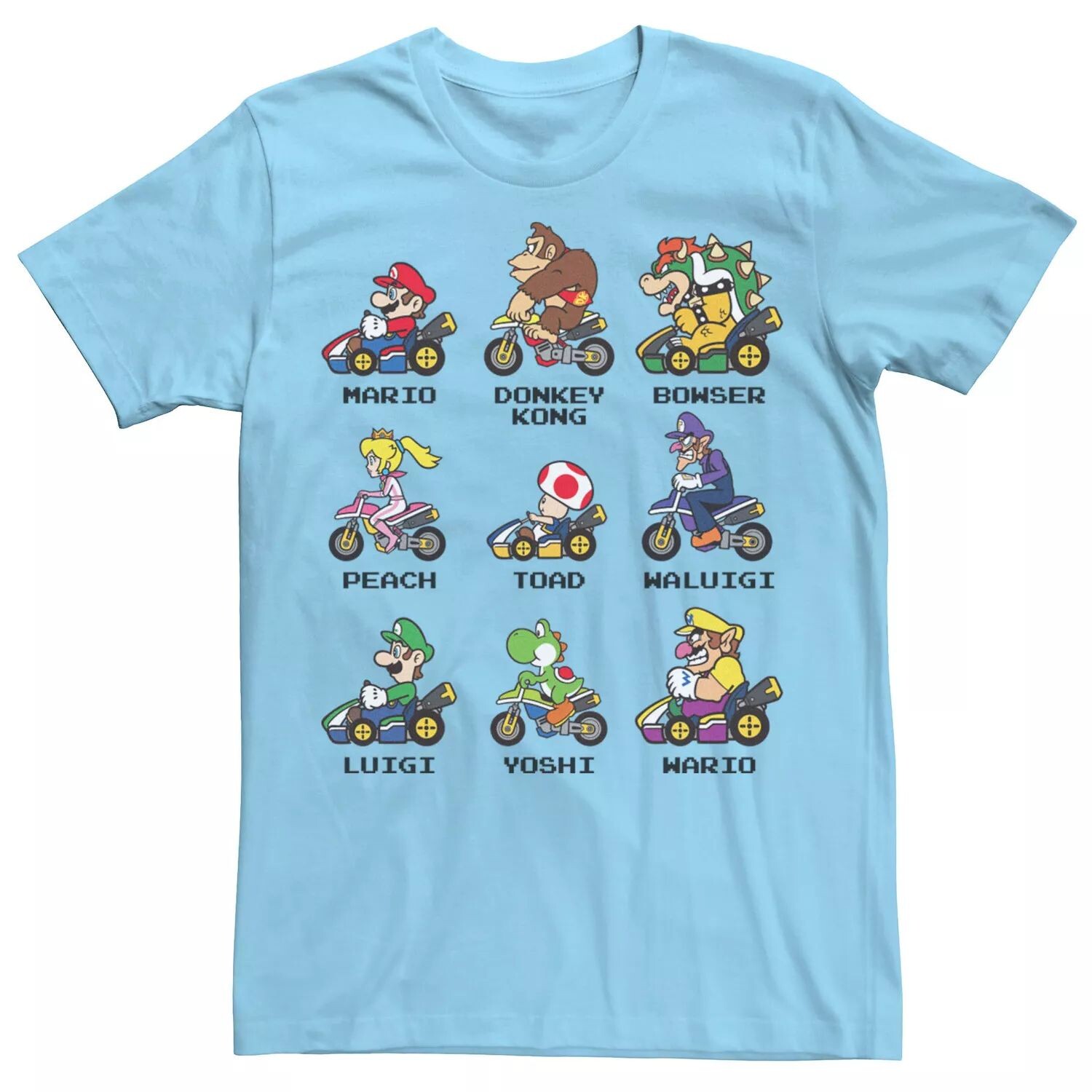 

Мужская футболка с именами Nintendo Mario Kart Racers, вид сбоку Licensed Character, светло-синий