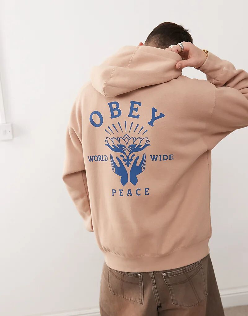 

Толстовка с капюшоном и принтом «Лотос с руками» бежевого цвета Obey
