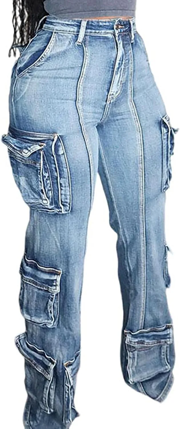 

Женские багги карго джинсы Y2K стритвир с высокой талией и множеством карманов QLAUYIOE