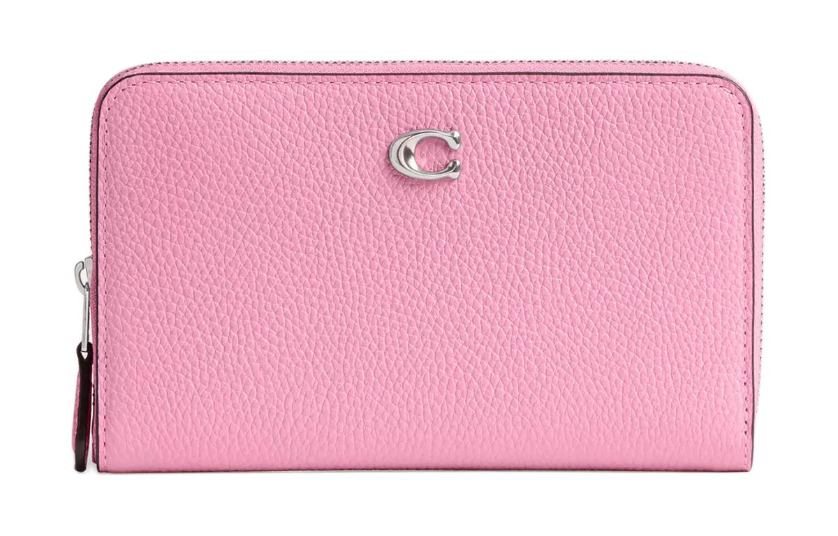 

COACH Кошелёк на молнии из гладкой кожи пастельных тонов для женщин серебристый и ярко-розовый