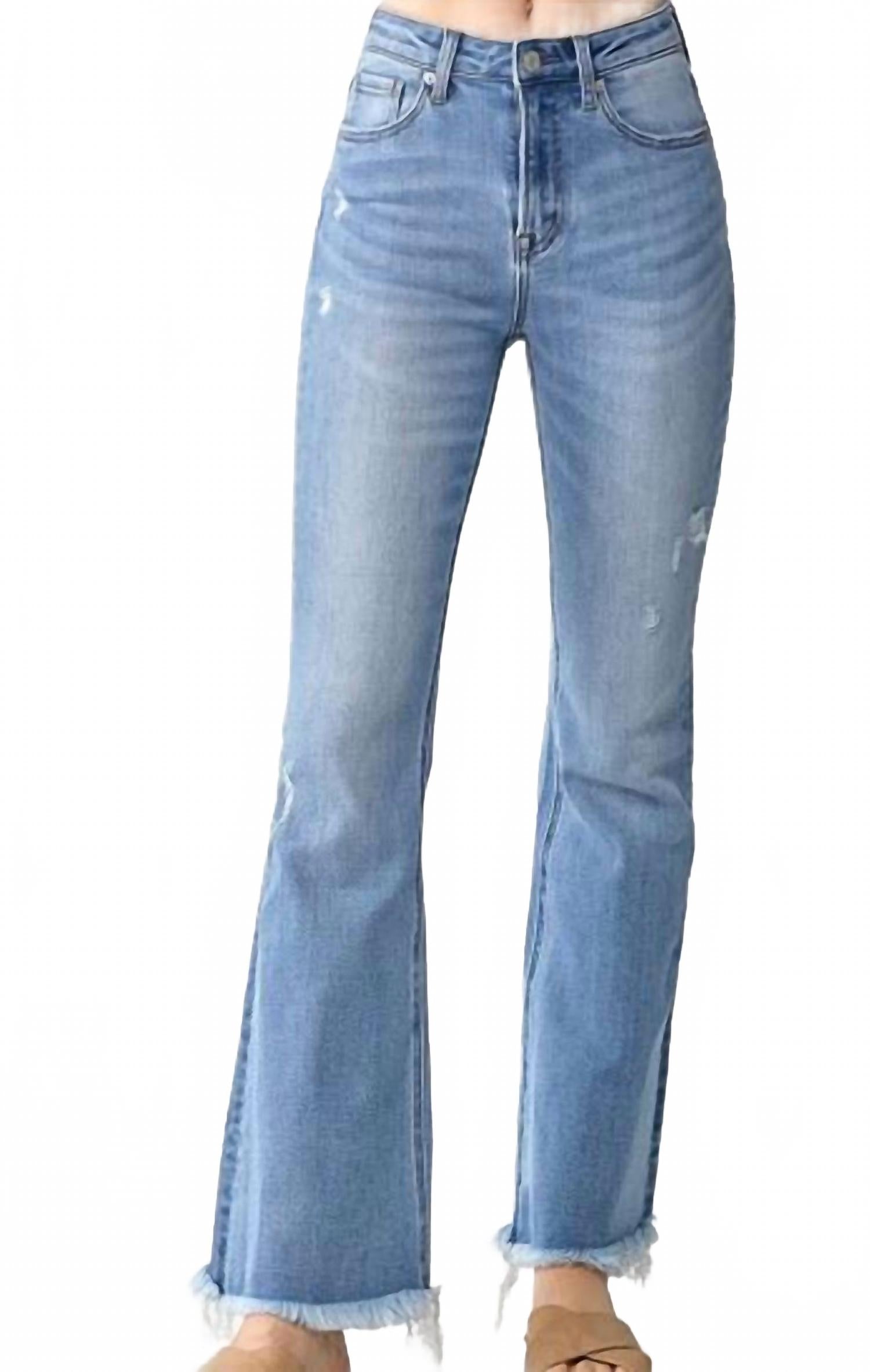 

Женские винтажные джинсы-клеш с потертым низом в светло-голубом цвете High Ride RISEN