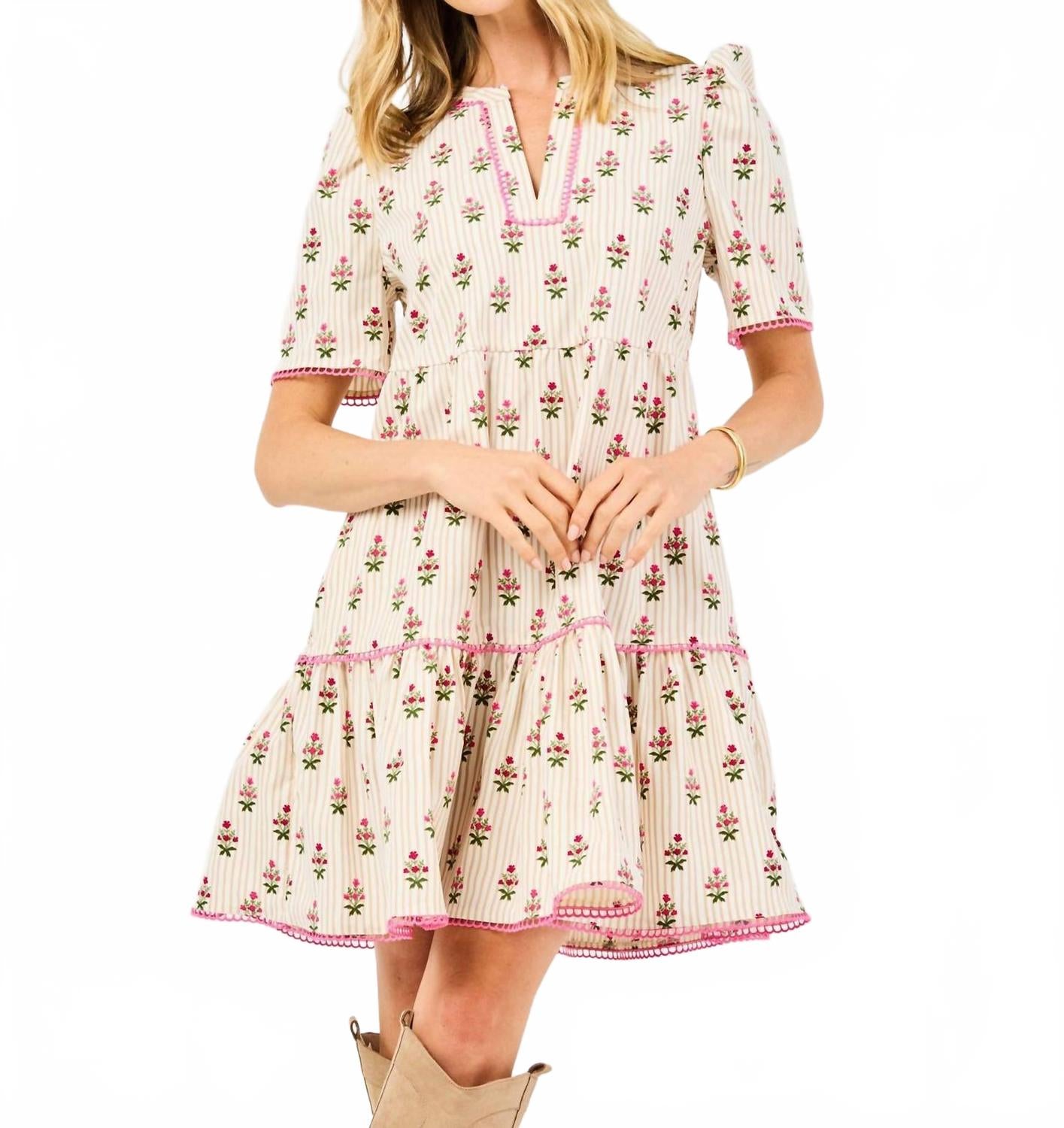 

Mary Square Мини-платье Adelyn с пышными рукавами в полоску, бежевого цвета