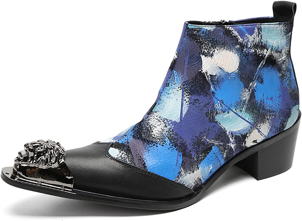 

Мужские ботинки челси Santimon для вечеринок, повседневной носки, кожаные, с металлическим носком, ковбойские сапоги для мужчин, модные, с цветочным рисунком и граффити, ручной работы, в стиле вестерн, синий