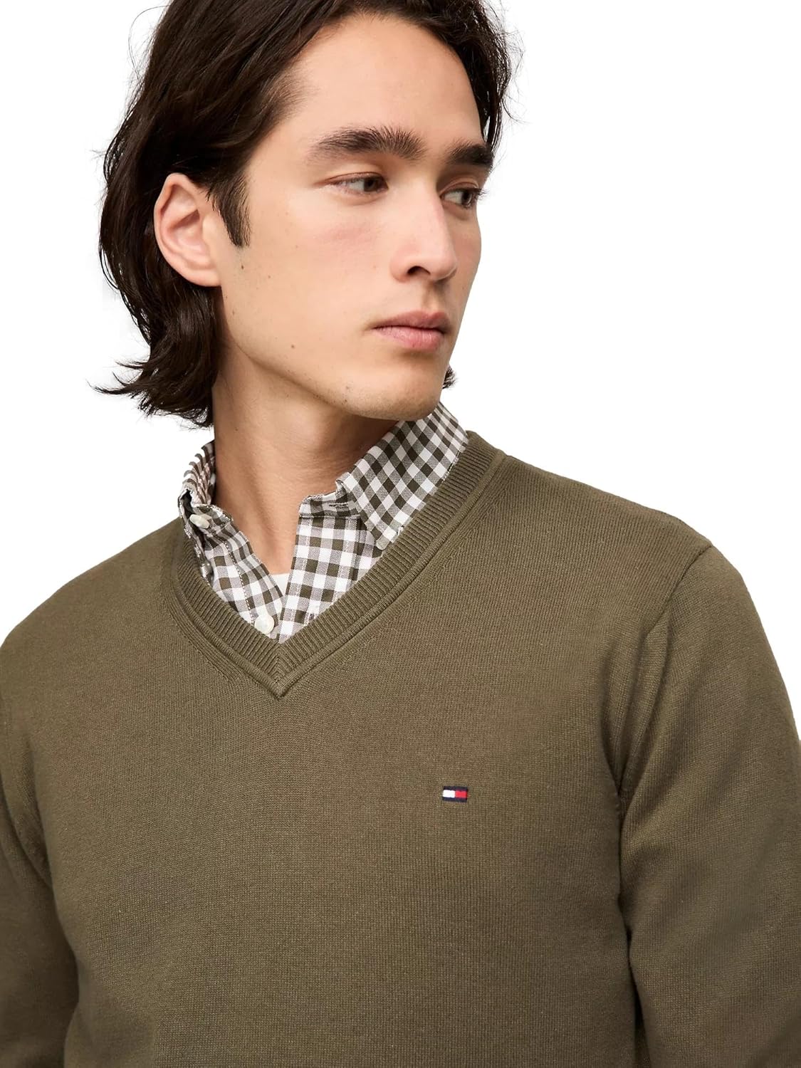 Мужской культовый хлопковый свитер с V-образным вырезом TOMMY HILFIGER из коллекции 2025 года, Army Green. — фото 3