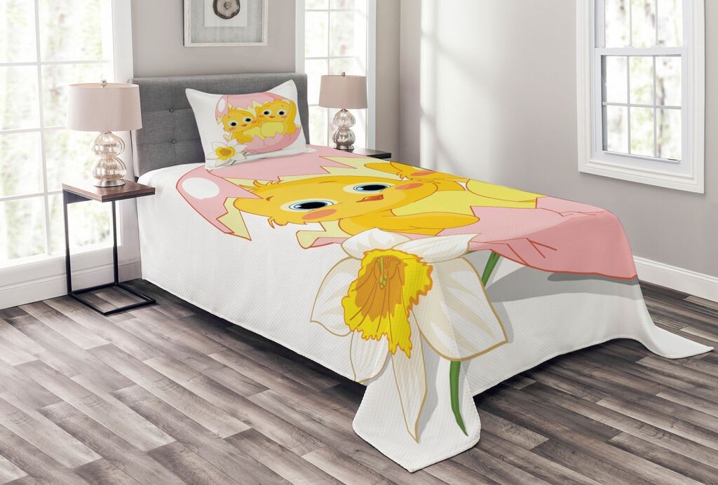 

ABAKUHAUS Пасхальное покрывало, Daffodil Chicks Cracked Egg, комплект с моющимися наволочками, для односпальных кроватей 170 x 220 см, розовый и желтый
