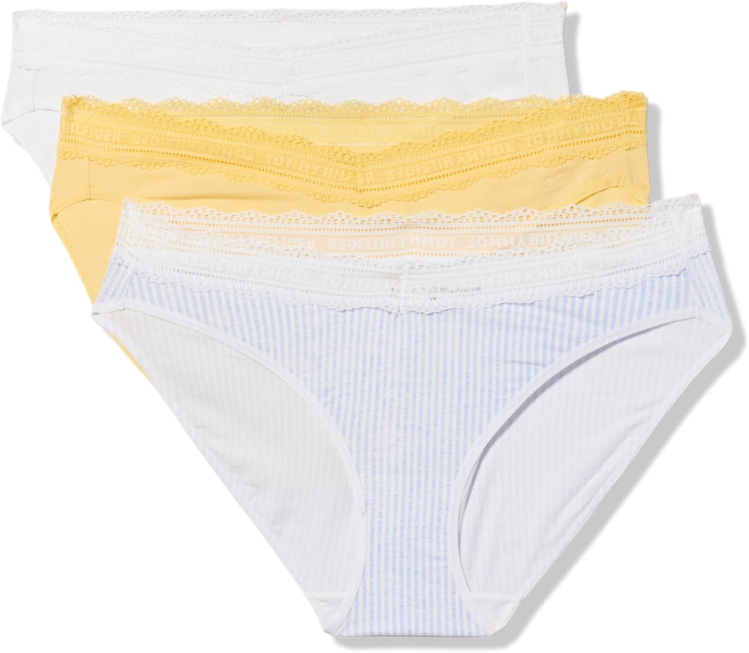 

Комплект из 3 женских хлопковых бикини с логотипом и кружевной отделкой Tommy Hilfiger, Seersucker Print/Bright White/Sunshine