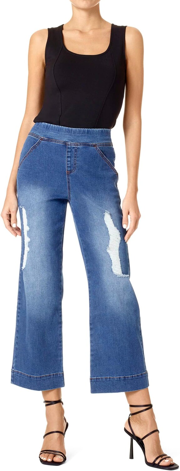 

Джинсы High-Rise Shredded Cropped Denim Flare HUE, цвет Medium Wash