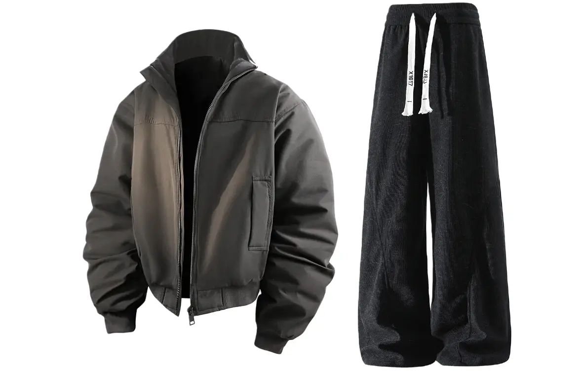 

Повседневный спортивный костюм Unisex с воротником стойкой утепленный X1617, серый puffer jacket+черный pants