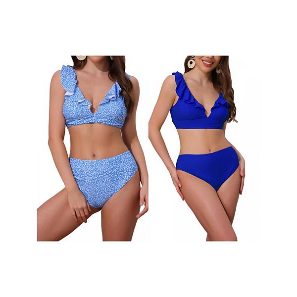 

2 комплекта женского бикини с рюшами и широкими бретелями, топ на завязках и треугольные трусики Inspire Chic, Royal Blue Leopardblue, Коричневый, 2 комплекта женского бикини с рюшами и широкими бретелями, топ на завязках и треугольные трусики Inspire Chi