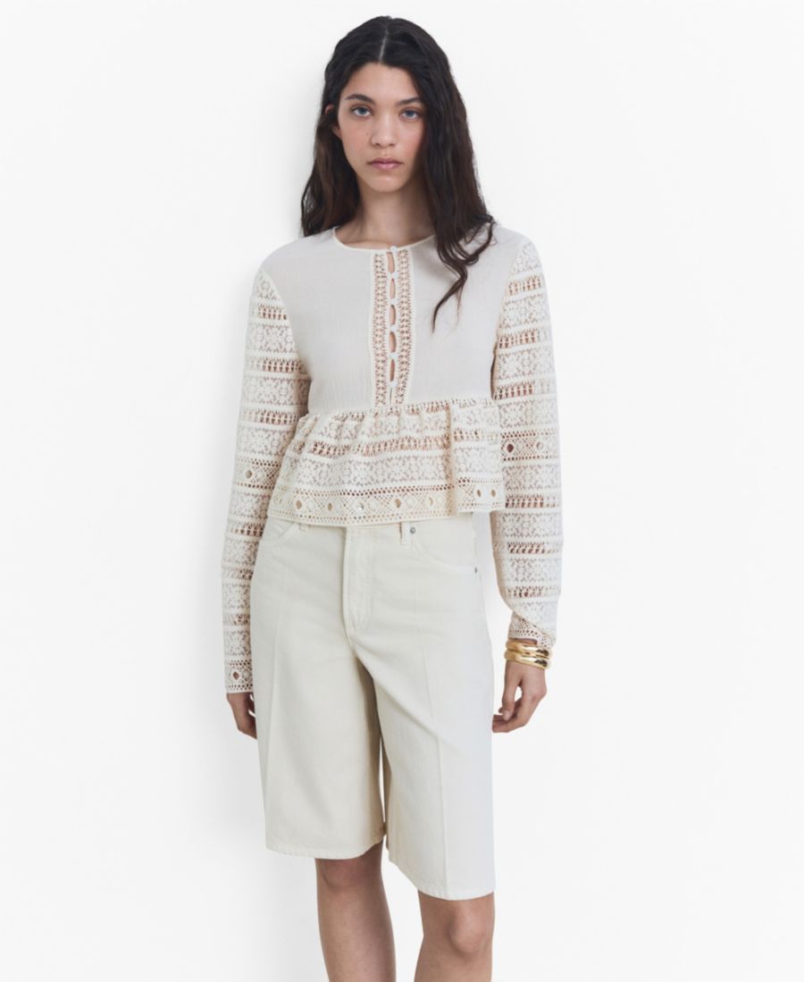 

Женская хлопковая блузка с ажурной вышивкой MANGO, Off White