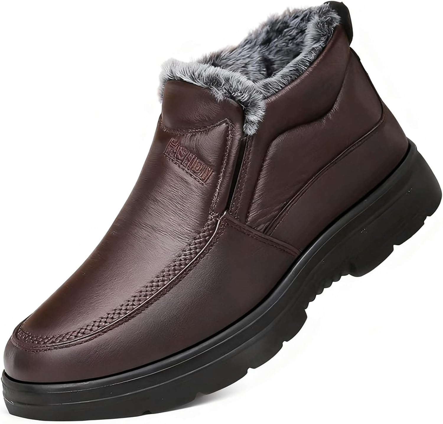 

Мужские кожаные зимние ботинки GHTRHSB с теплой меховой подкладкой, на молнии, с круглым носком, водонепроницаемые, нескользящие, для повседневной носки, коричневый