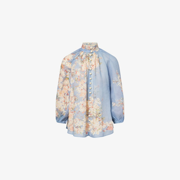 

Каскадианская блузка с цветочным узором и воланами Zimmermann, цвет teal blue botanical