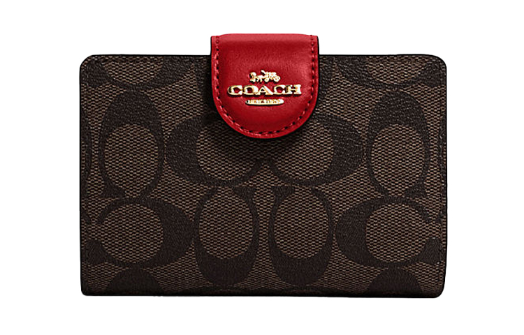 

COACH Угловая молния холщовая с кожаной отделкой запястная сумка клатч кошелек средний женский красный темно-коричневый