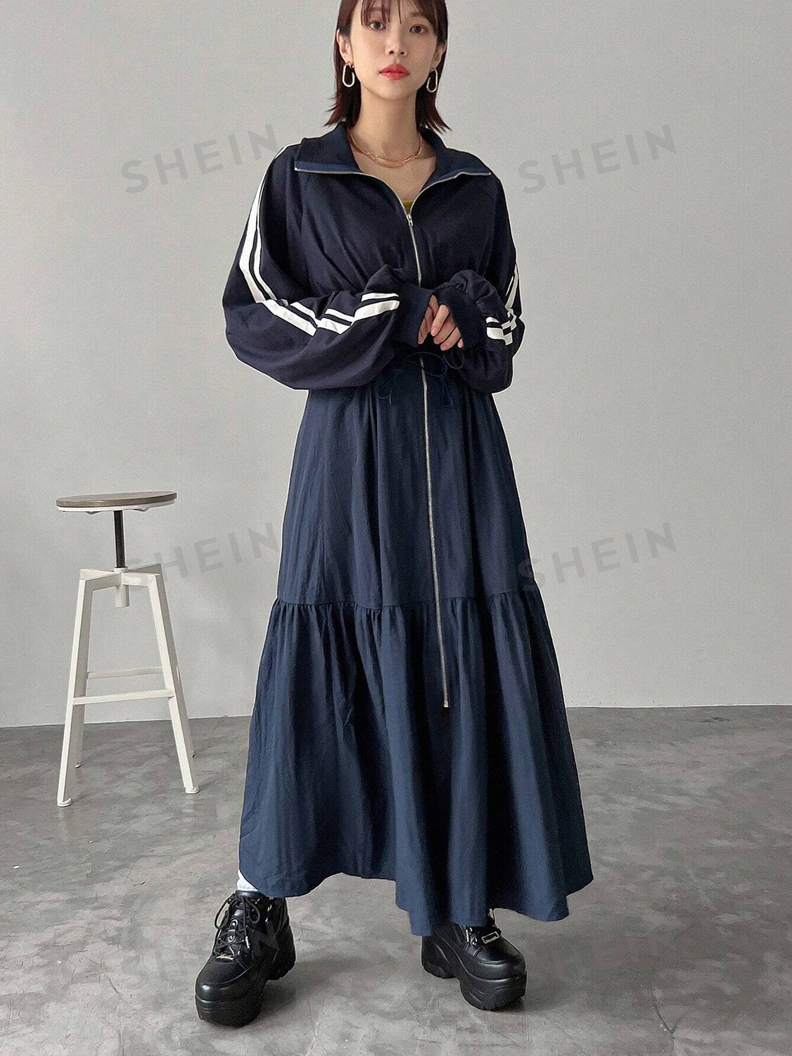 

Полосатое платье с Длинными рукавами и рюшами для женщин, весна и осень Friful, темно-синий