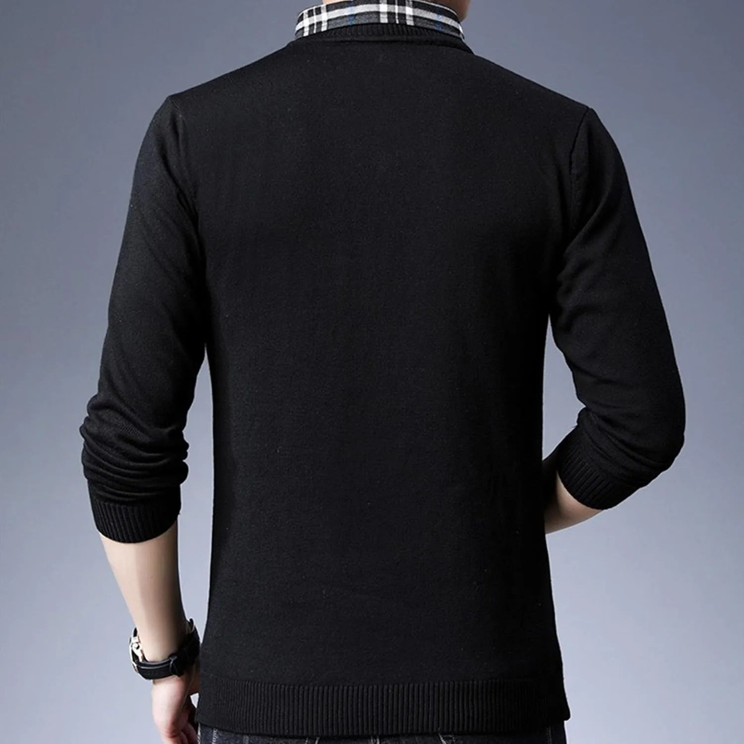 Мужской свитер V-образным вырезом, вязаный, с длинным рукавом, Slim Fit — фото 3