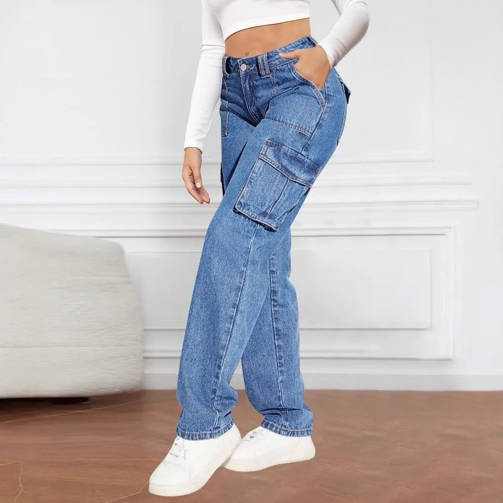 Женские джинсы Mid-Waist Workwear Straight Fashion с несколькими карманами — фото 3