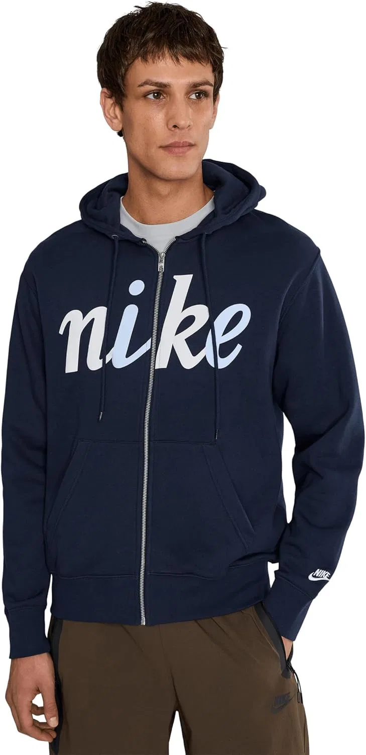 Толстовка на молнии Nike Sportswear Club, флис, Obsidian/Obsidian/White