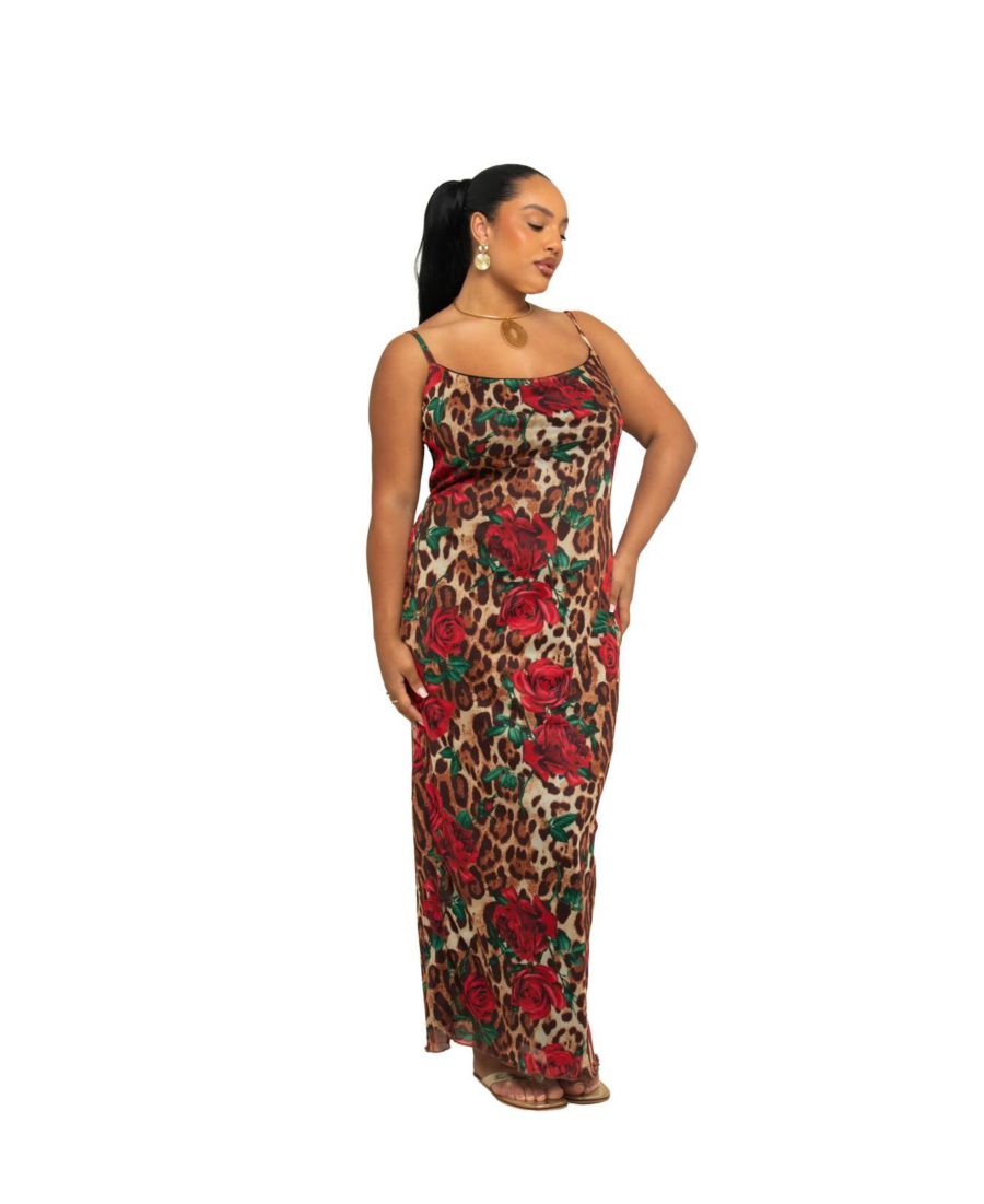 

Женское длинное платье с леопардовым принтом и цветочным узором из сетчатой ткани FASHION-SZN CURVE, Brown