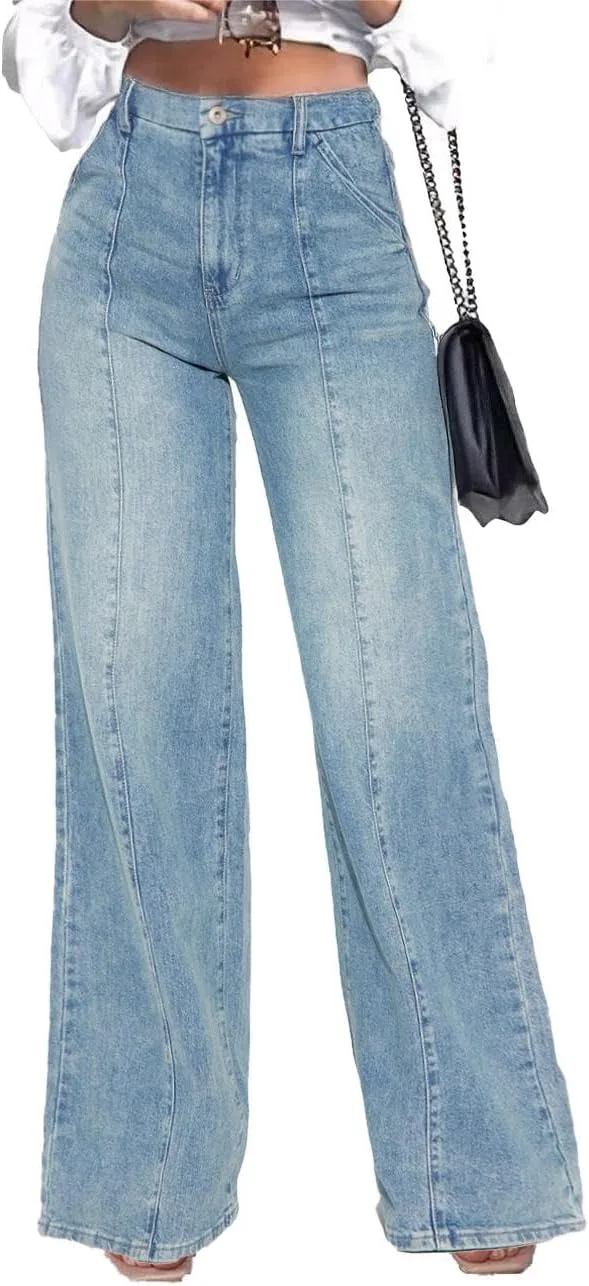 

LaiyiVic широкие джинсы для женщин High Waisted Stretchy Straight