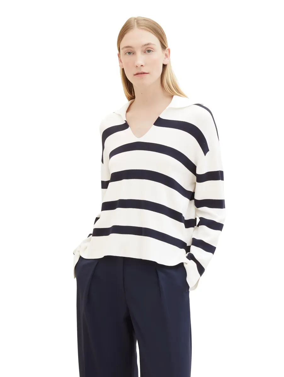 

TOM TAILOR вязаный свитер в полоску и с тройником, цвет Offwhite Navy Stripe Knit