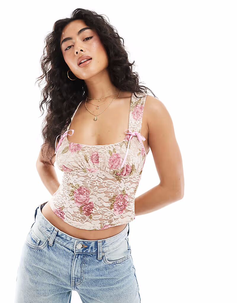 

Корсетный топ Miss Selfridge с цветочным принтом и кружевным бантом розового цвета