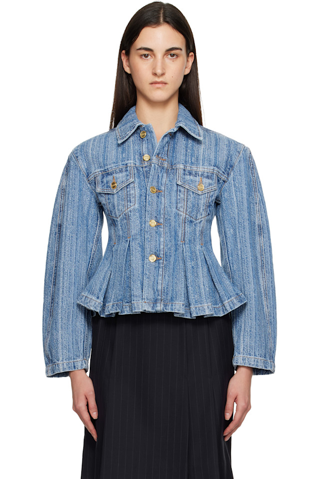 

Джинсовая куртка в синюю полоску со складками Ganni, Mid Stone Blue