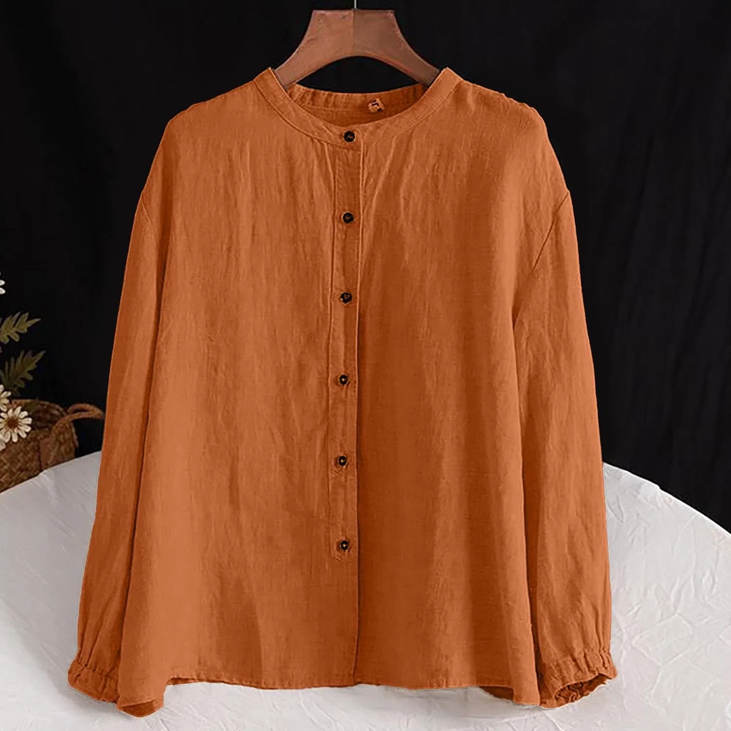 Блуза, длинный рукав, button-down, оранжевая — фото 2