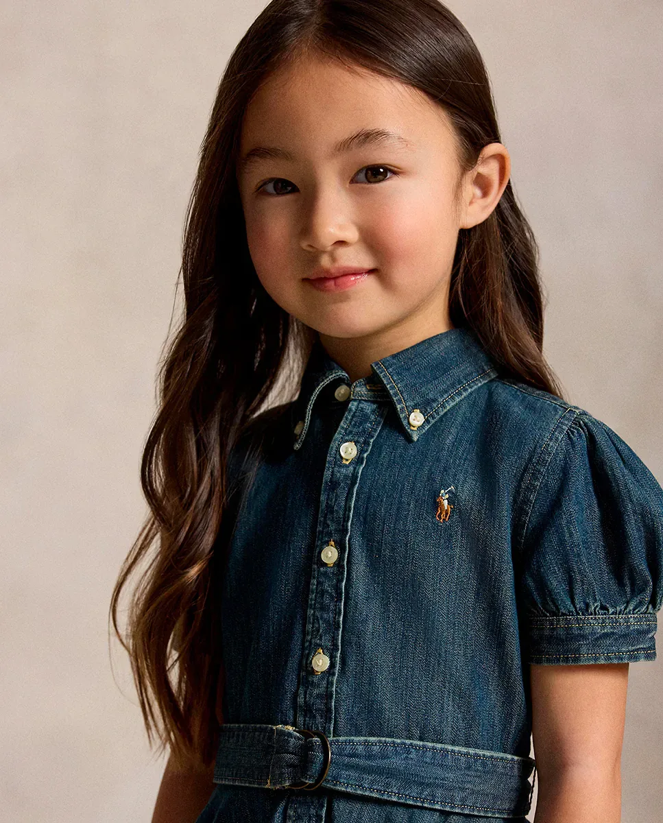 Детское платье-рубашка из хлопка с поясом Polo Ralph Lauren, Petróleo — фото 3