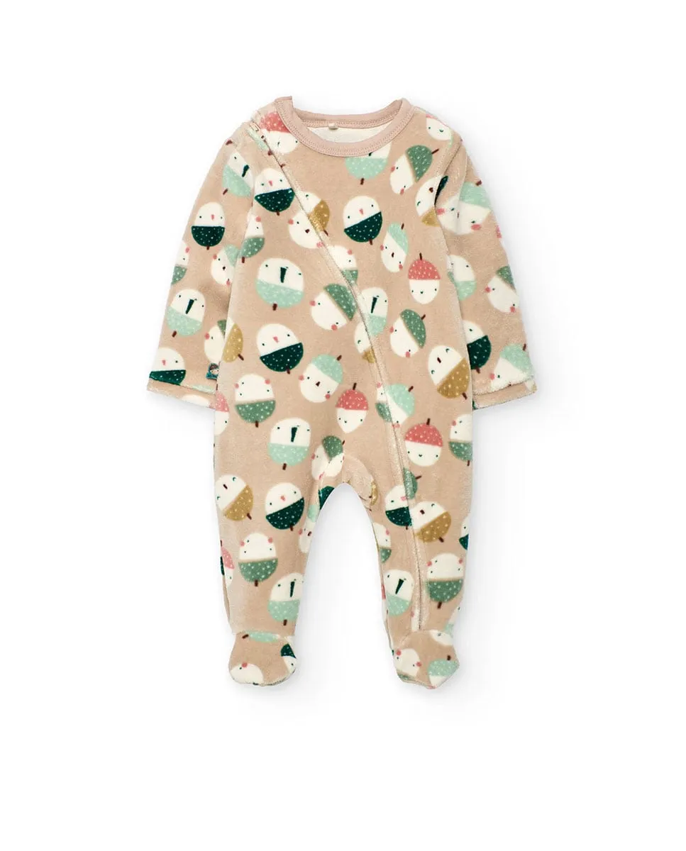 

Велюровый детский комбинезон с фантазийным принтом и круглым воротником Boboli, бежевый