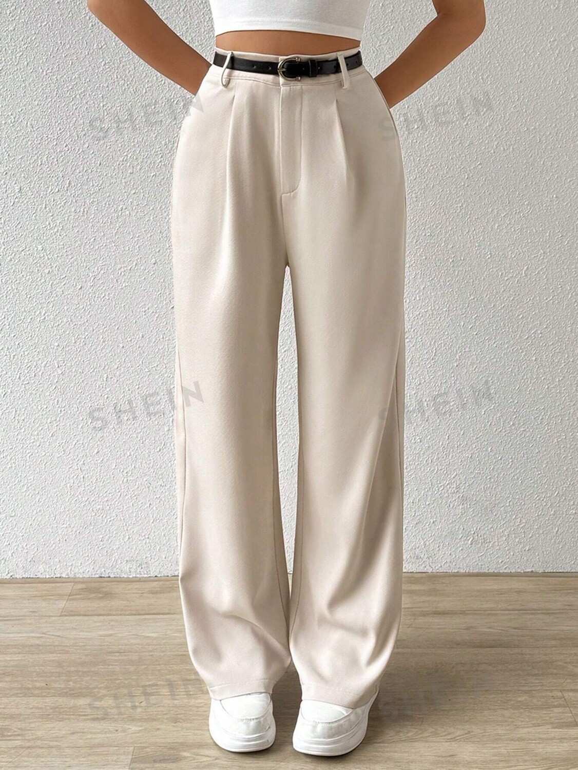 

EZwear Повседневные Женские брюки прямого кроя с поясом Shein, кремовый/бежевый