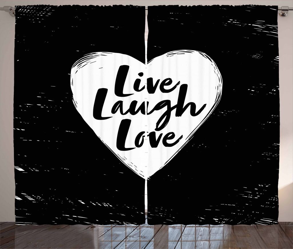 

ABAKUHAUS Live Laugh Love Занавеска в деревенском стиле, Сердце и Цитата, Ленточная занавеска с рюшами и петлями для спальни, 280 x 225 см, Белый Черный