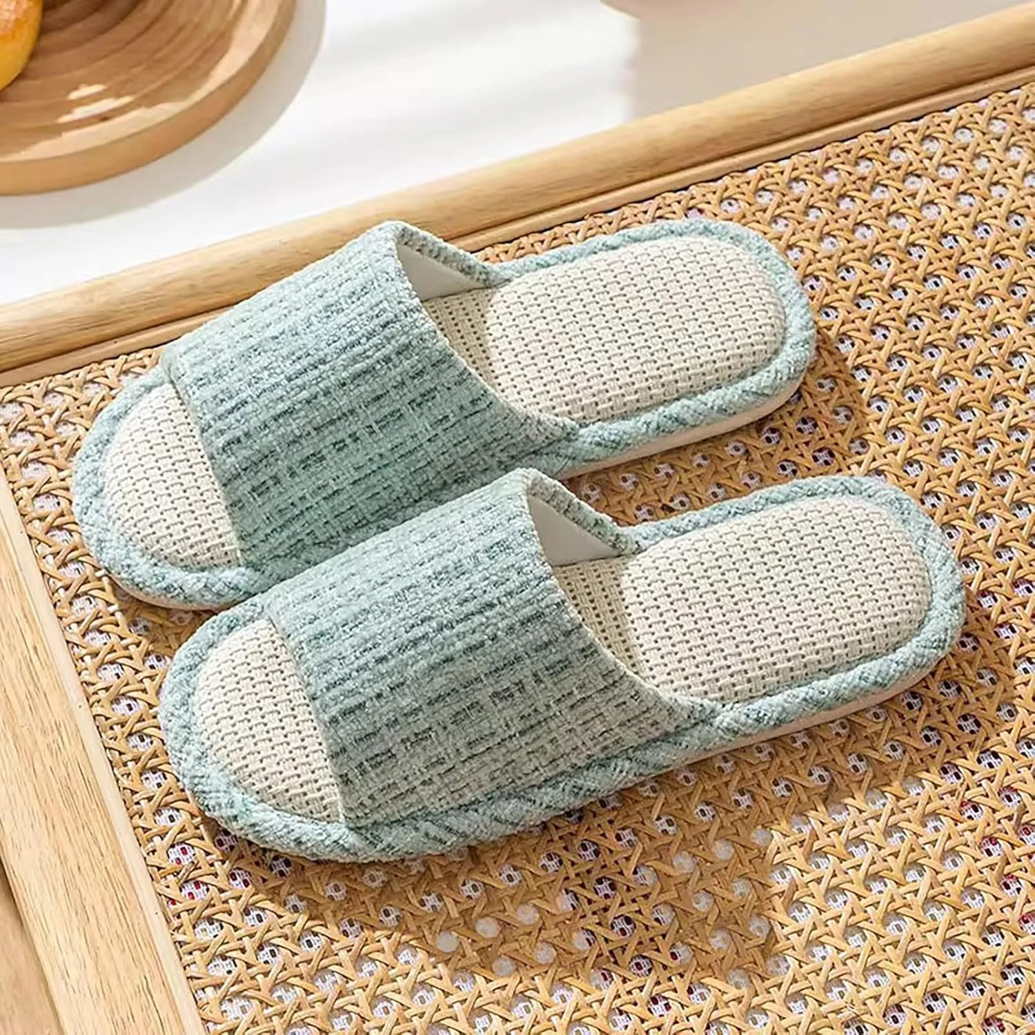 Мужские тапочки из хлопка Generic, тапочки мужские из хлопка с открытым носком, тапочки унисекс, нескользящая бувь для дома, легкие тапочки, теплые тапочки, двухцветные тапочки, мягкие, милые Generisch, синий — фото 2
