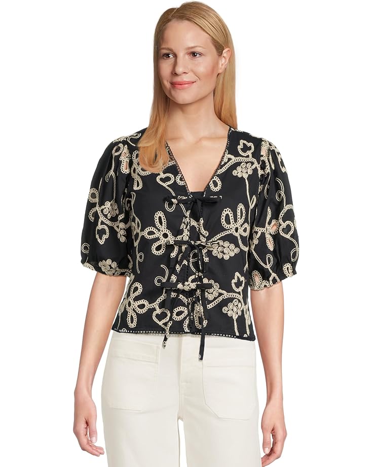 

Топ CeCe Embrodiery Short Sleeve Open Tie Front Top, цвет Night Shade