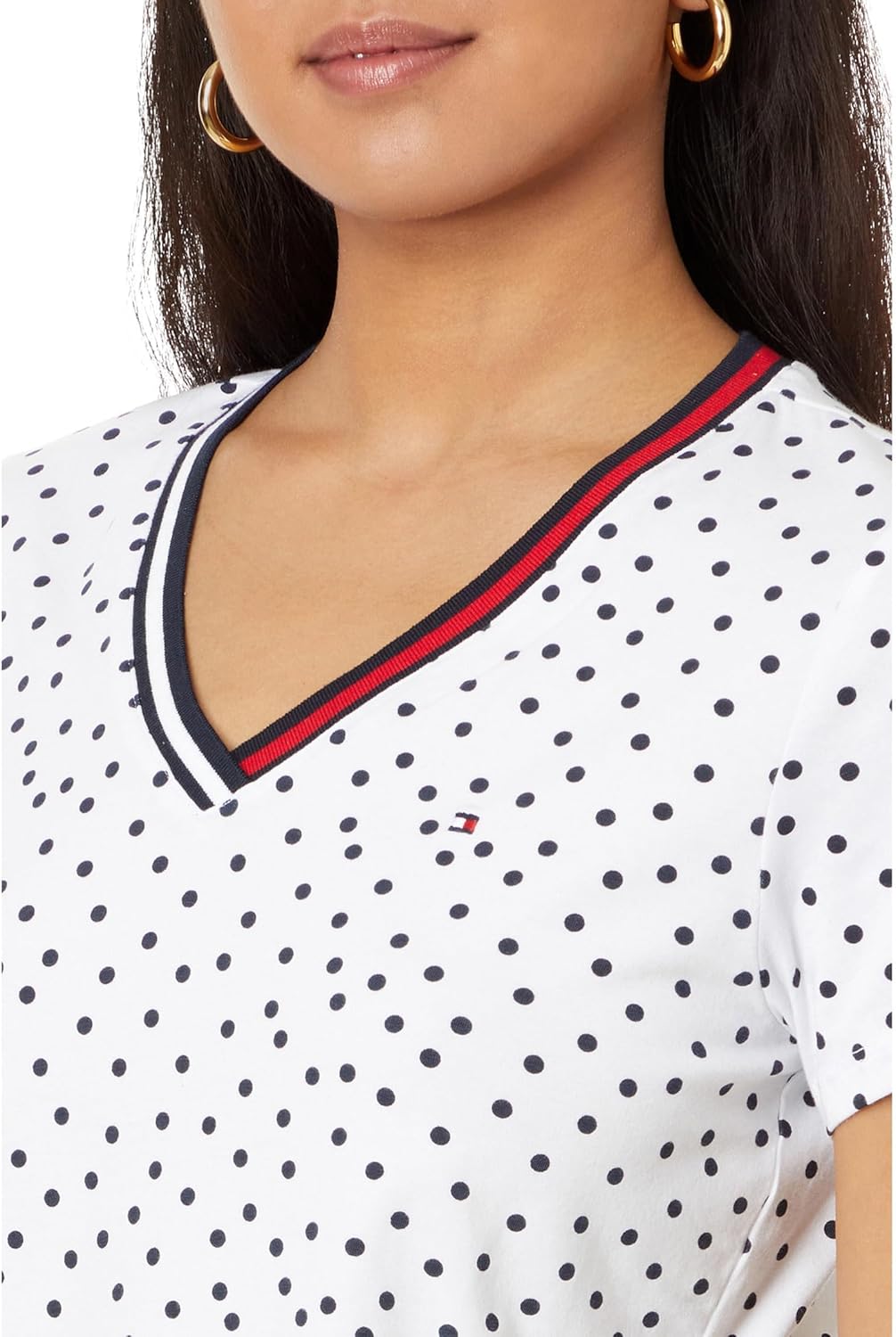 Женские топы с коротким рукавом Tommy Hilfiger - хлопковые рубашки для женщин с V-образным вырезом и логотипом, Bright White/Sky Captain — фото 3