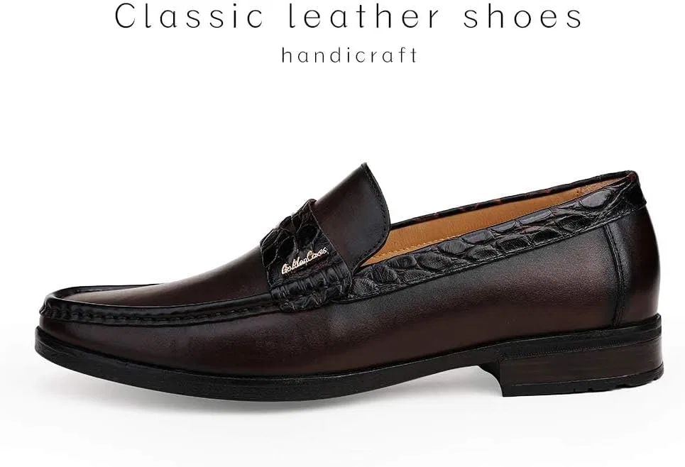 Лоферы Leather Men's Dress Shoes, Cowhide Crocodile Printed Rubber Soft Driving Loafer Shoes for Mens, Коричневый GOLDEN COXES FAMILY — фото 4