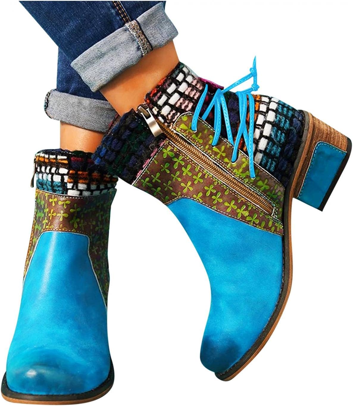 

Женские винтажные ботинки Hbeylia в этническом стиле бохо, из кожи, с круглым носком, шнуровкой, массивным блочным каблуком средней высоты, короткие ботильоны до щиколотки, бохо-ретро с металлическим носком, с боковой молнией, для женщин, синий