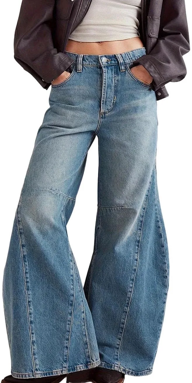 Generic Женские джинсы в стиле стрит-фэшн Vintage Washed, низкая посадка, светлый синий, расклешенные, широкие